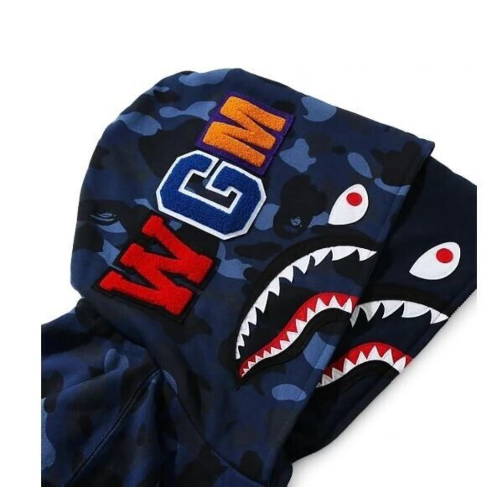 Bape BLUE Camo Tiger Shark Wide Full Zip Double Hood Hoodie LARGE Bathing Ape - Picture 3 of 16